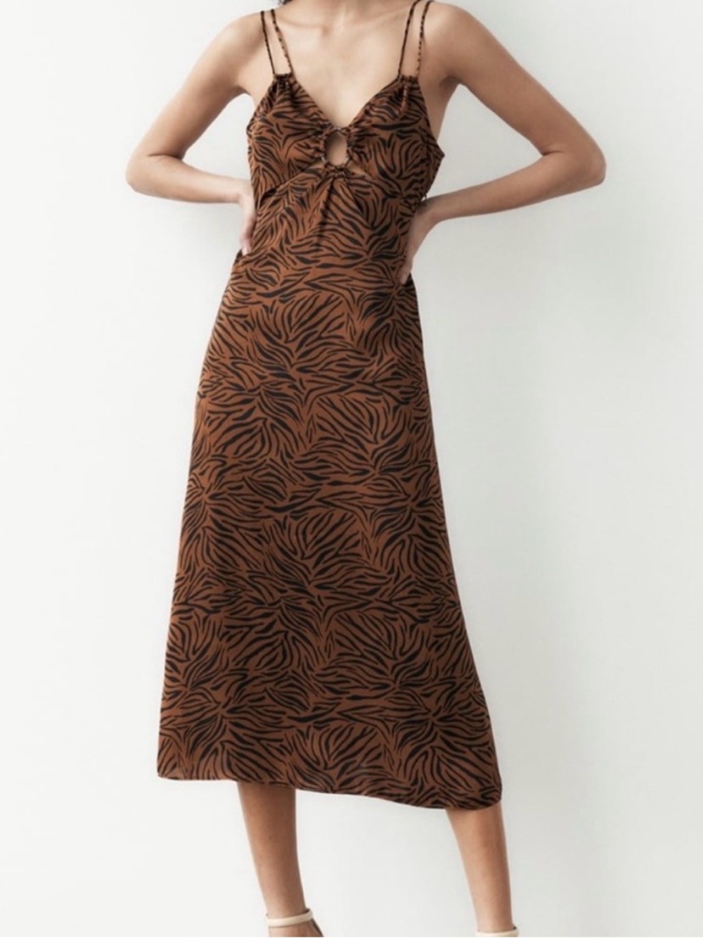 Zara Brown and Black Animal-Print Midi Slip Dress
